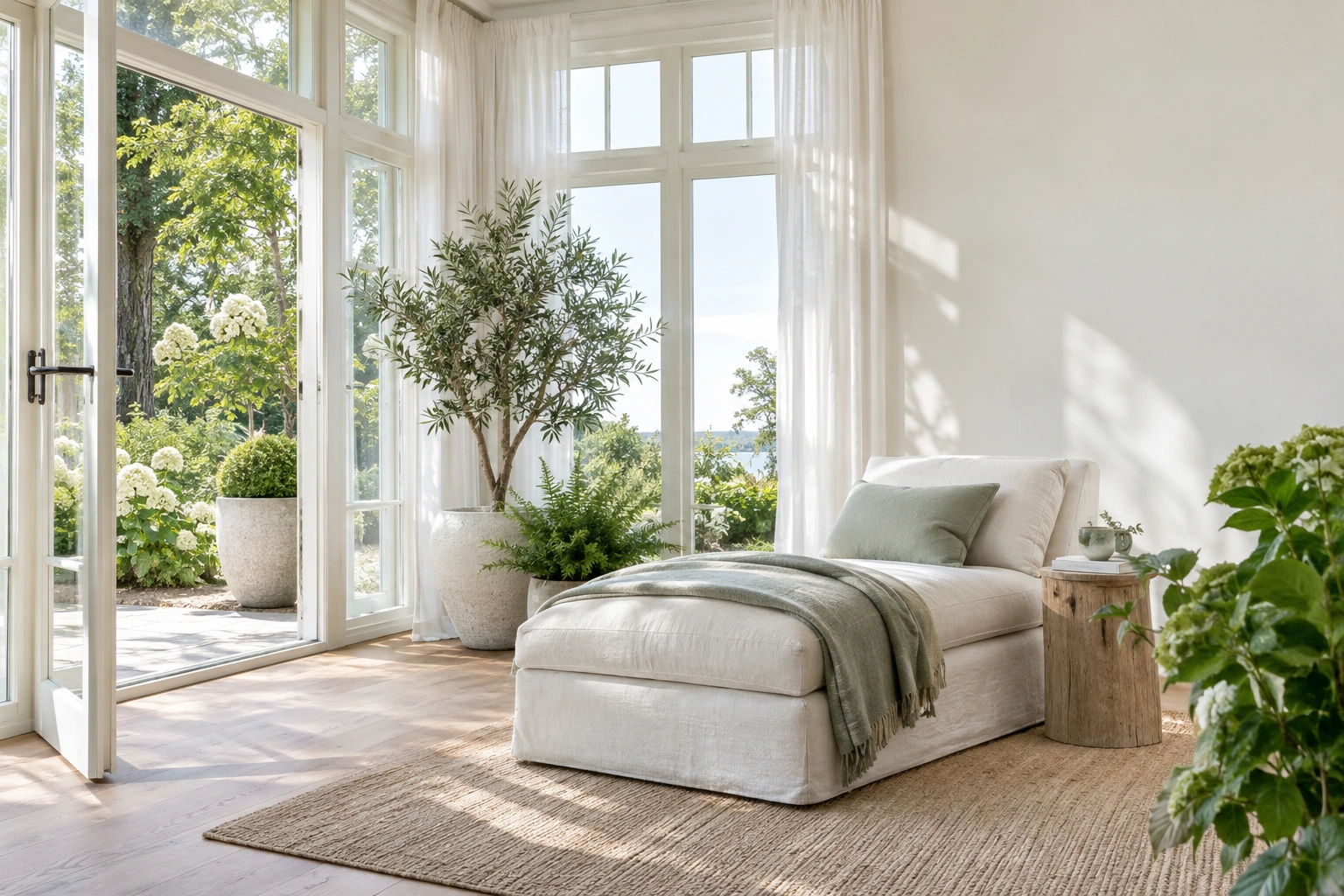 Bright summer sunroom with a linen chaise and garden view