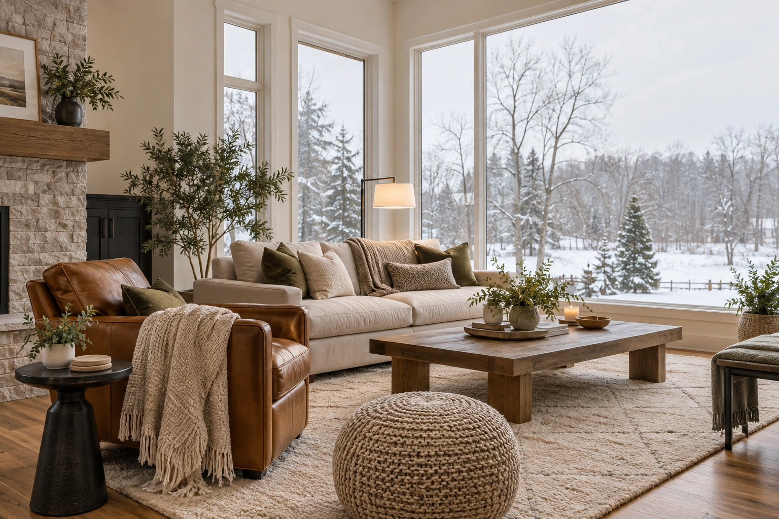 Warm living room with wool throws and a snowy view outside