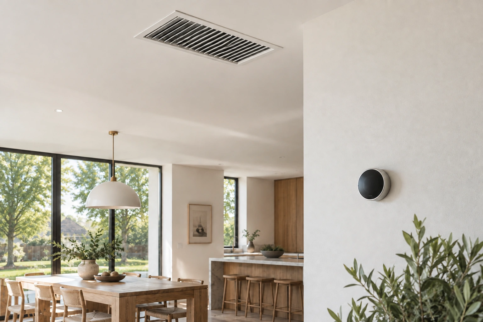 Ceiling air supply register and wall thermostat in a bright home
